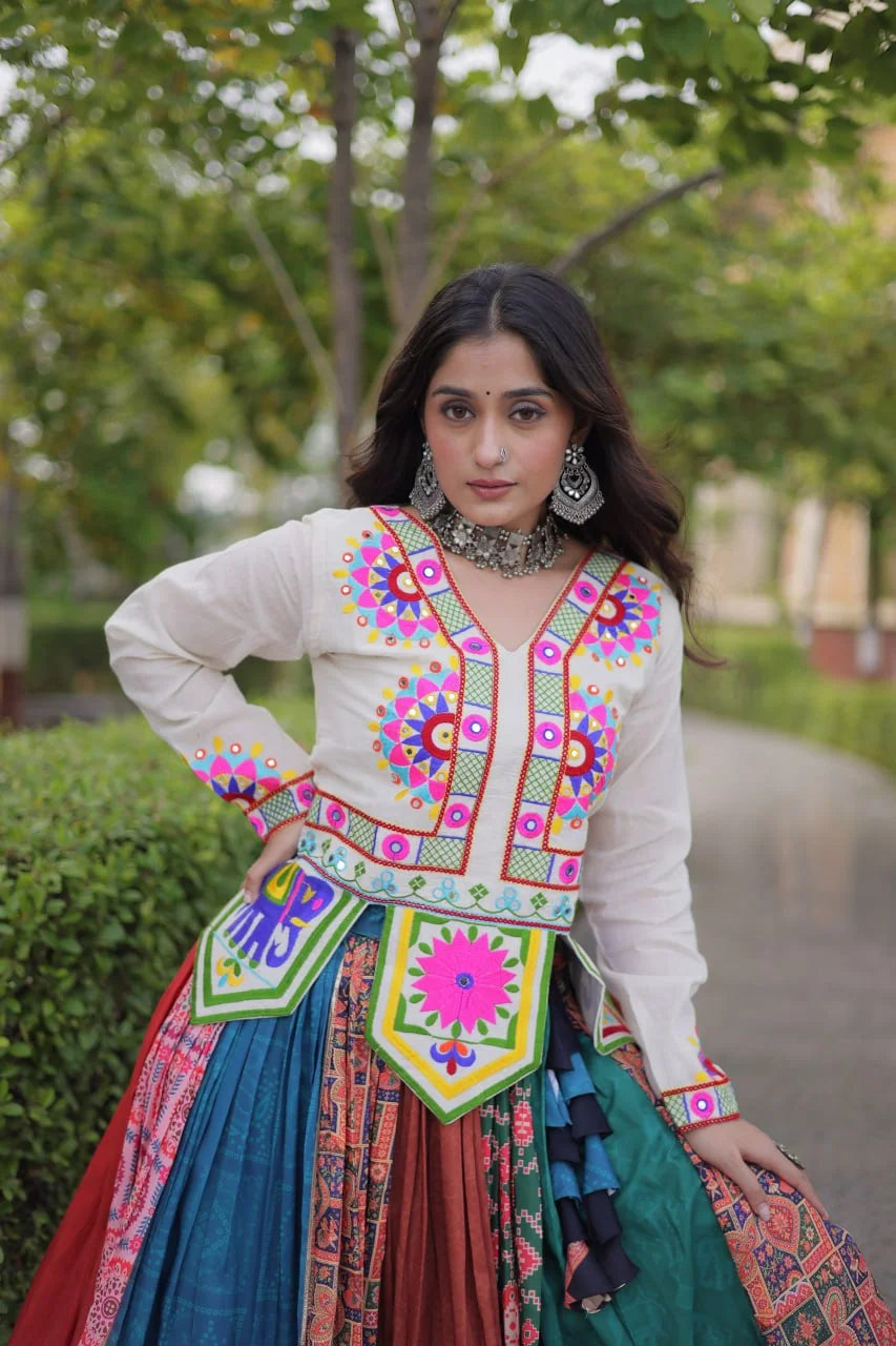 Patola chaniya choli with Kutchi gamthi koti and multicolour patola-print cotton skirt, front view