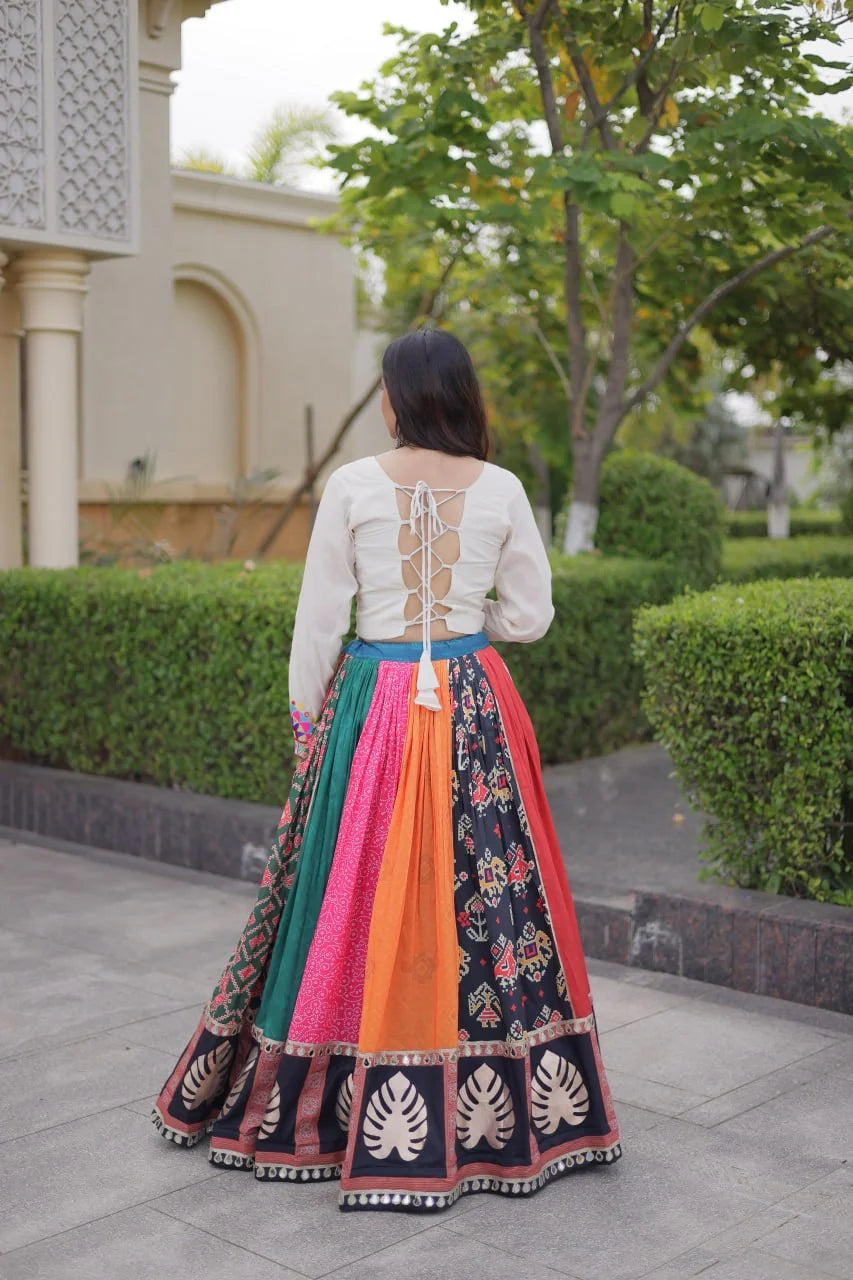 Patola chaniya choli back with lace-up dori koti and patola-print skirt hem, view