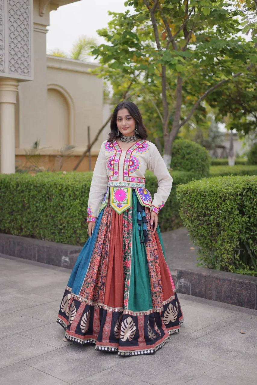 Patola chaniya choli front full showing gamthi koti and mirror-lace hem, view