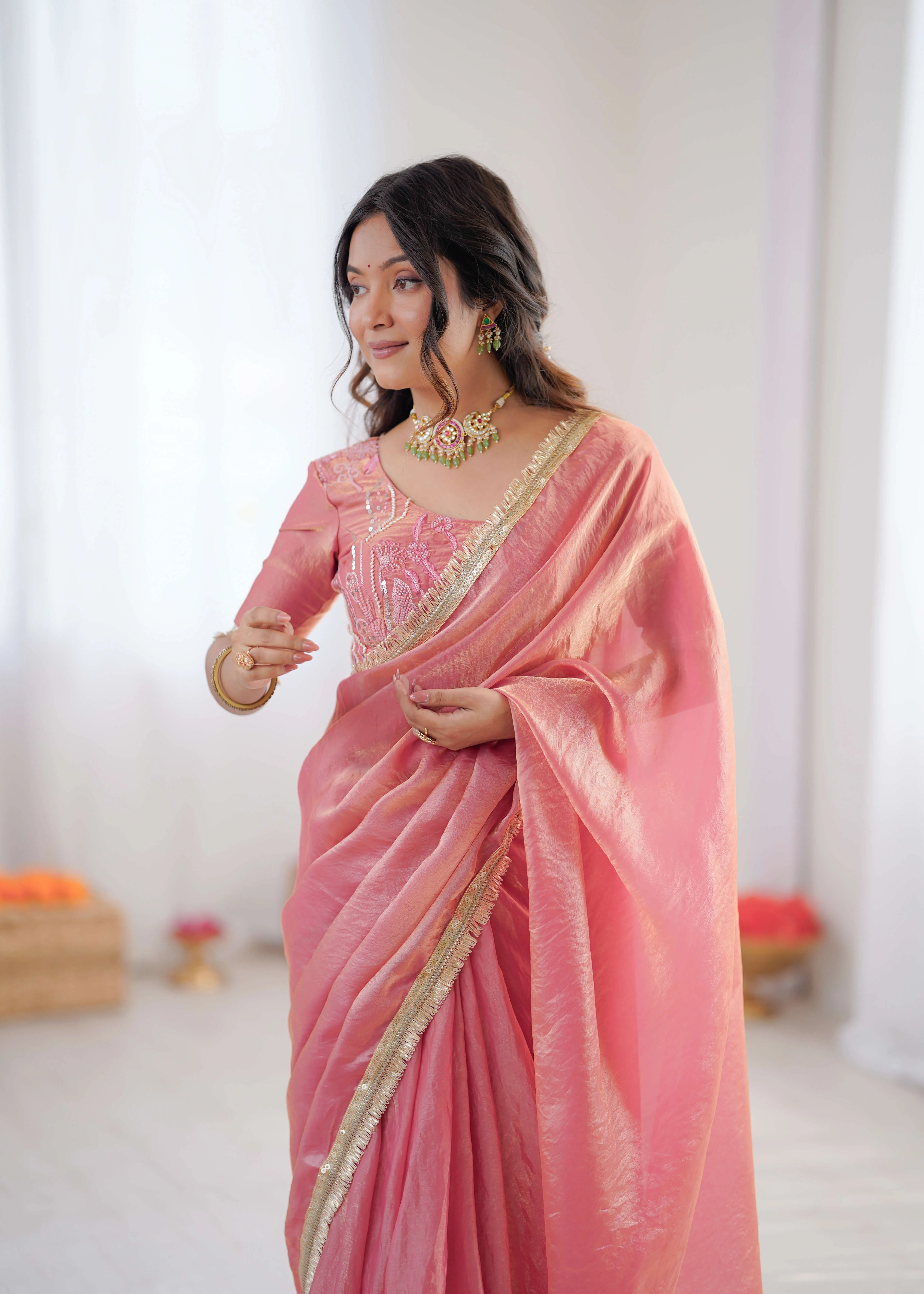 heavy georgette saree peach pink thread sequin bengalori silk blouse close up