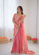 peach pink heavy georgette saree with thread sequin embroidered blouse front standing