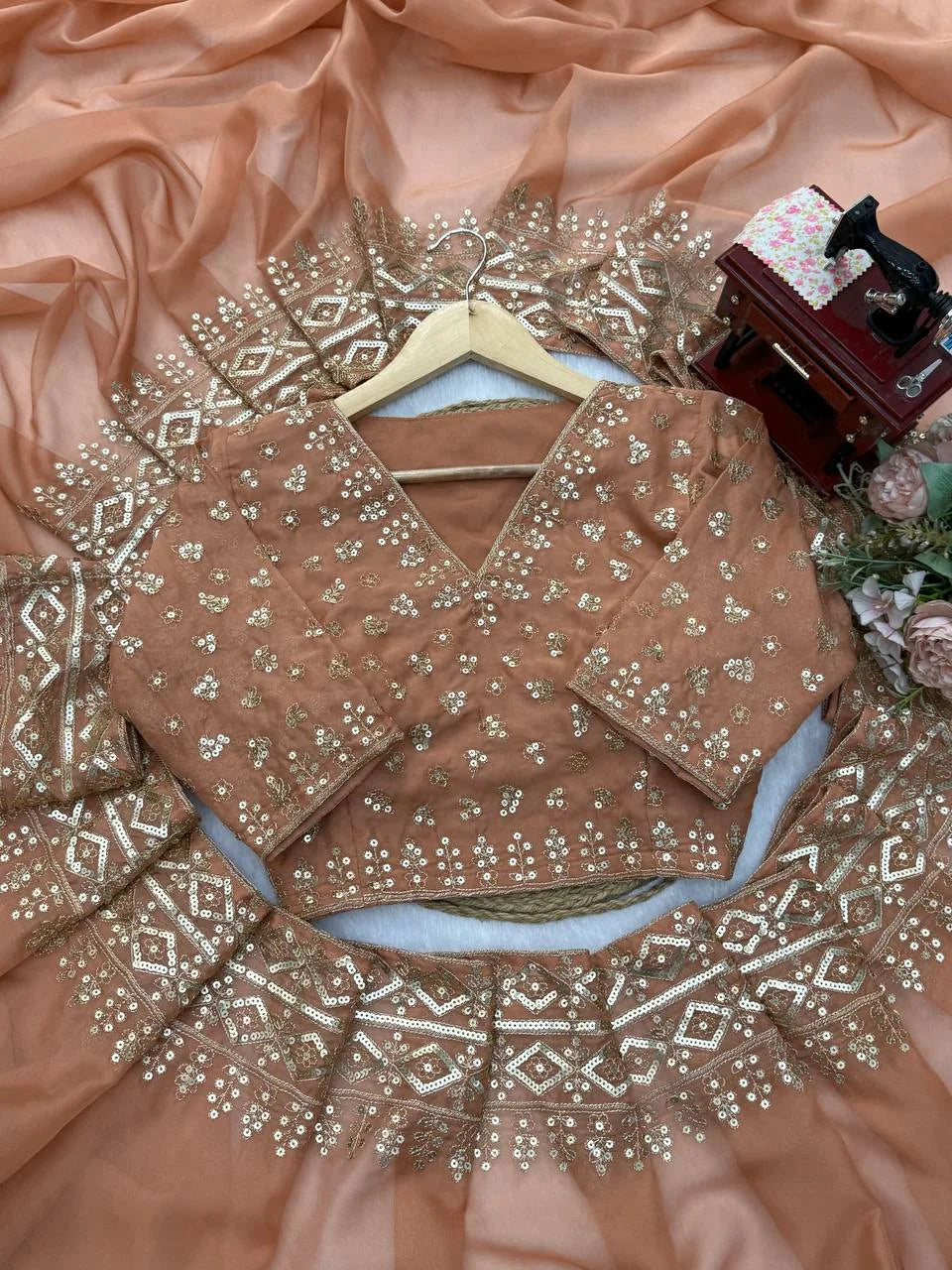 peach tibby silk saree matching blouse floral buta sequin embroidery