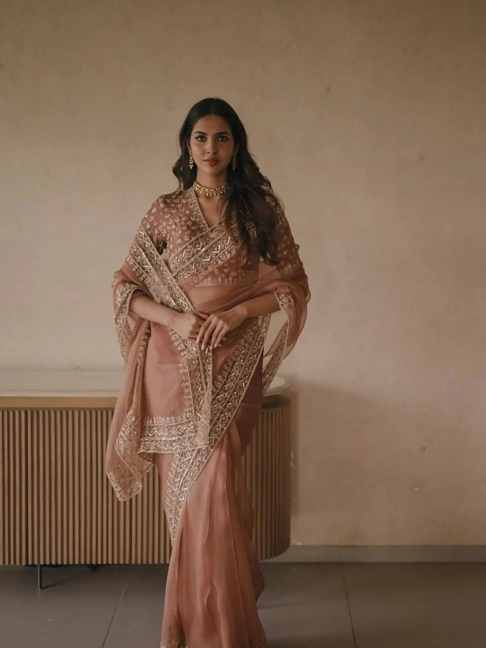 peach tibby silk saree with thread and sequin work front view