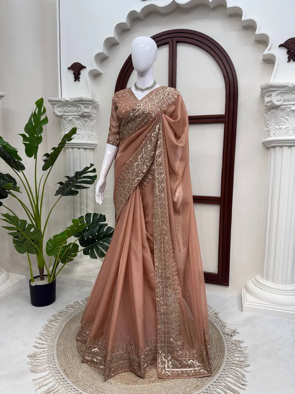 peach tibby silk saree full length diamond sequin border