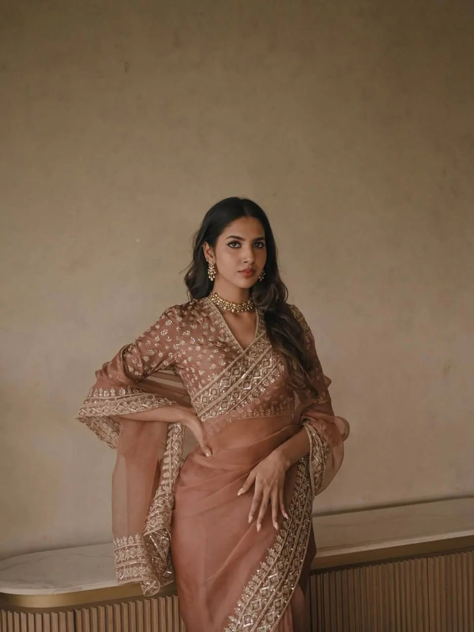 peach tibby silk saree intricate sequin embroidery side drape