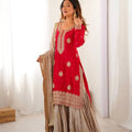 Red Chinon Silk Sharara Set