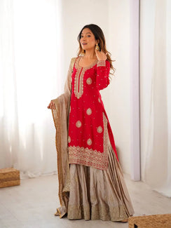 Red Chinon Silk Sharara Set