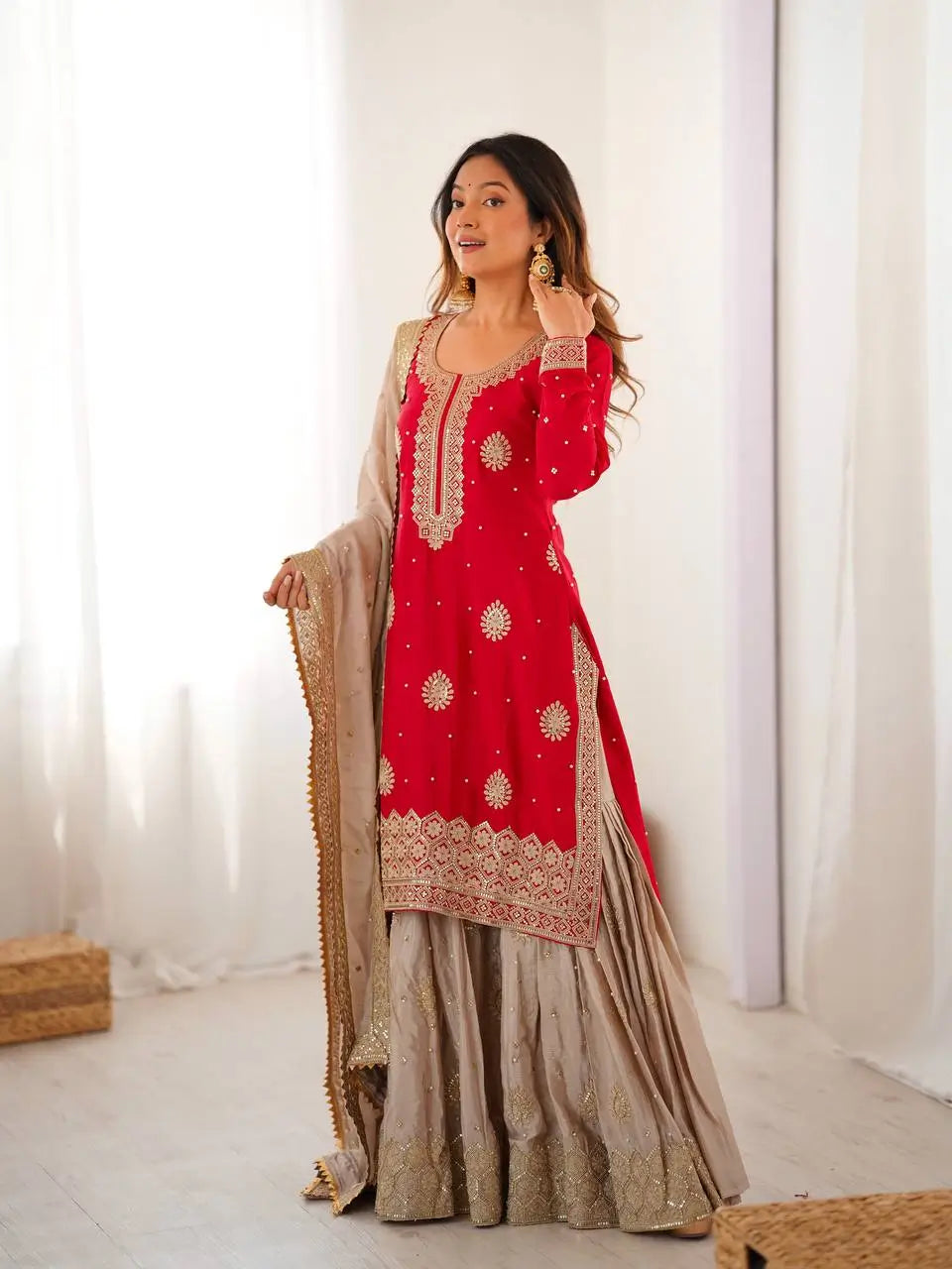 Red Chinon Silk Sharara Set