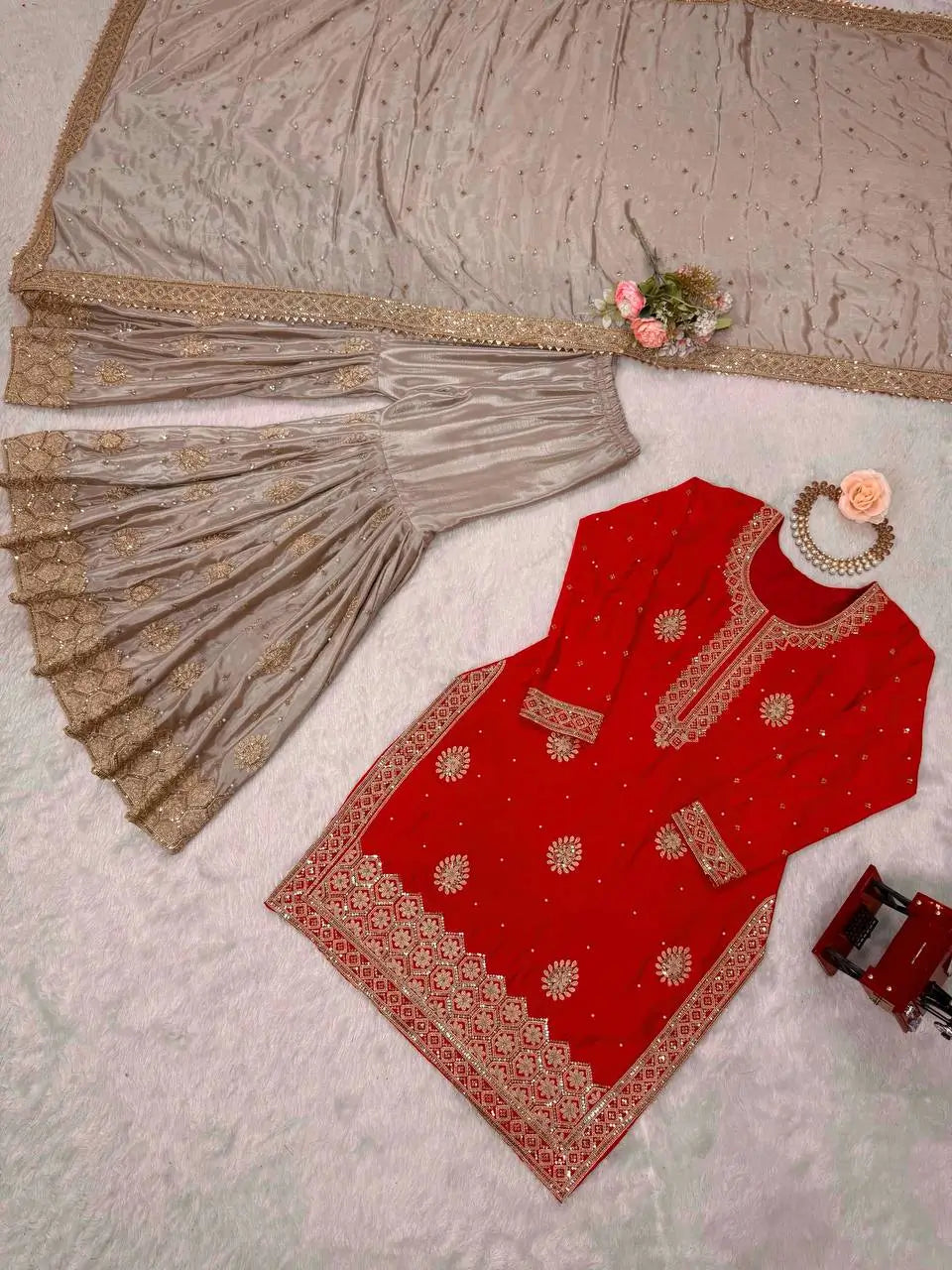 Red Chinon Silk Sharara Set