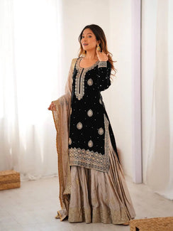 Black Chinon Silk Sharara Set