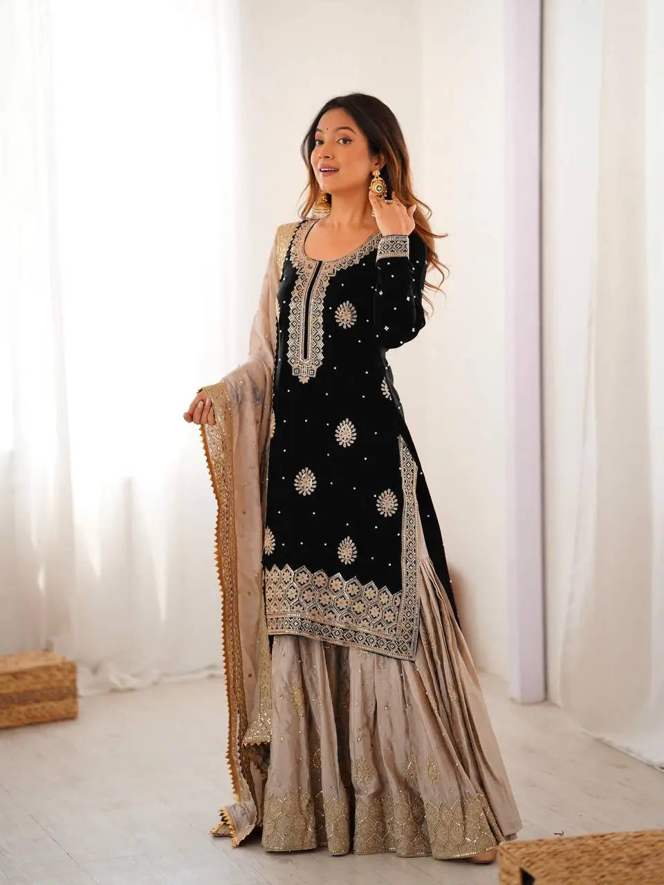 Black Chinon Silk Sharara Set