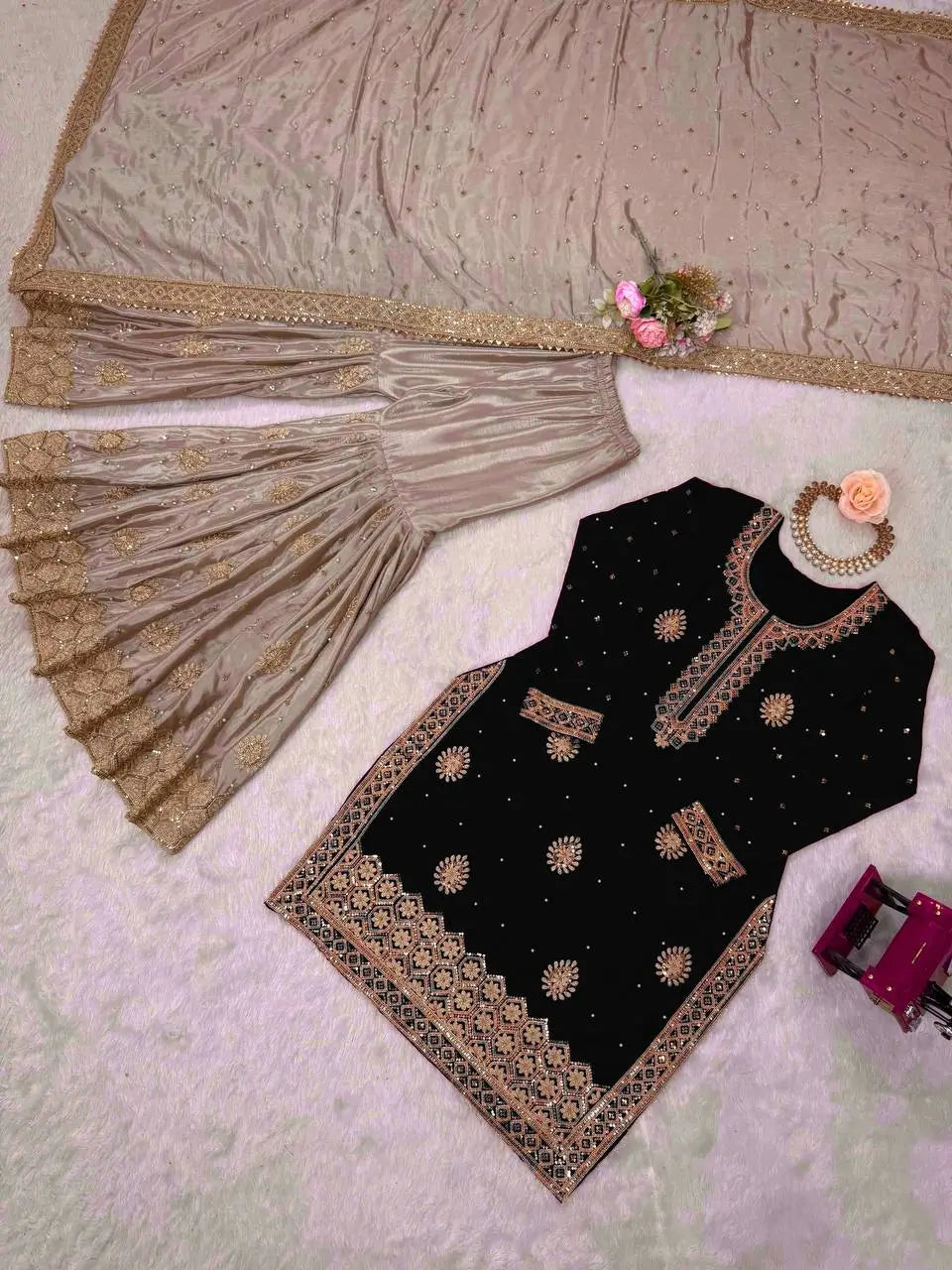 Black Chinon Silk Sharara Set
