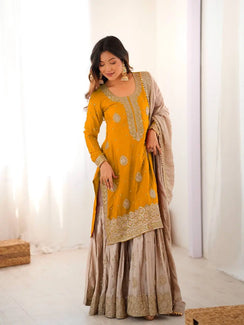 Mustard Yellow Chinon Silk Sharara Set