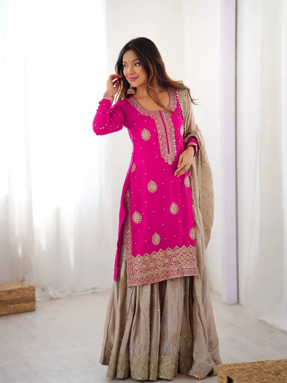 Rani Pink Chinon Silk Sharara Set