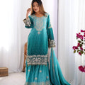 Teal Green Chinon Silk Plazo Set