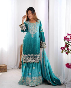 Teal Green Chinon Silk Plazo Set