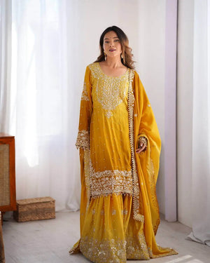 Mustard Yellow Chinon Silk Plazo Set