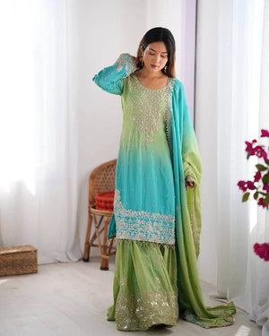 Aqua Green Ombre Chinon Silk Plazo Set