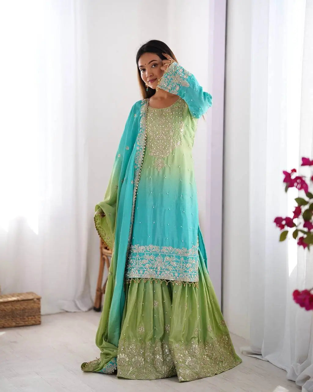 Aqua Green Ombre Chinon Silk Plazo Set