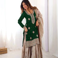 Bottle Green Chinon Silk Sharara Set