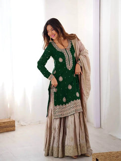 Bottle Green Chinon Silk Sharara Set