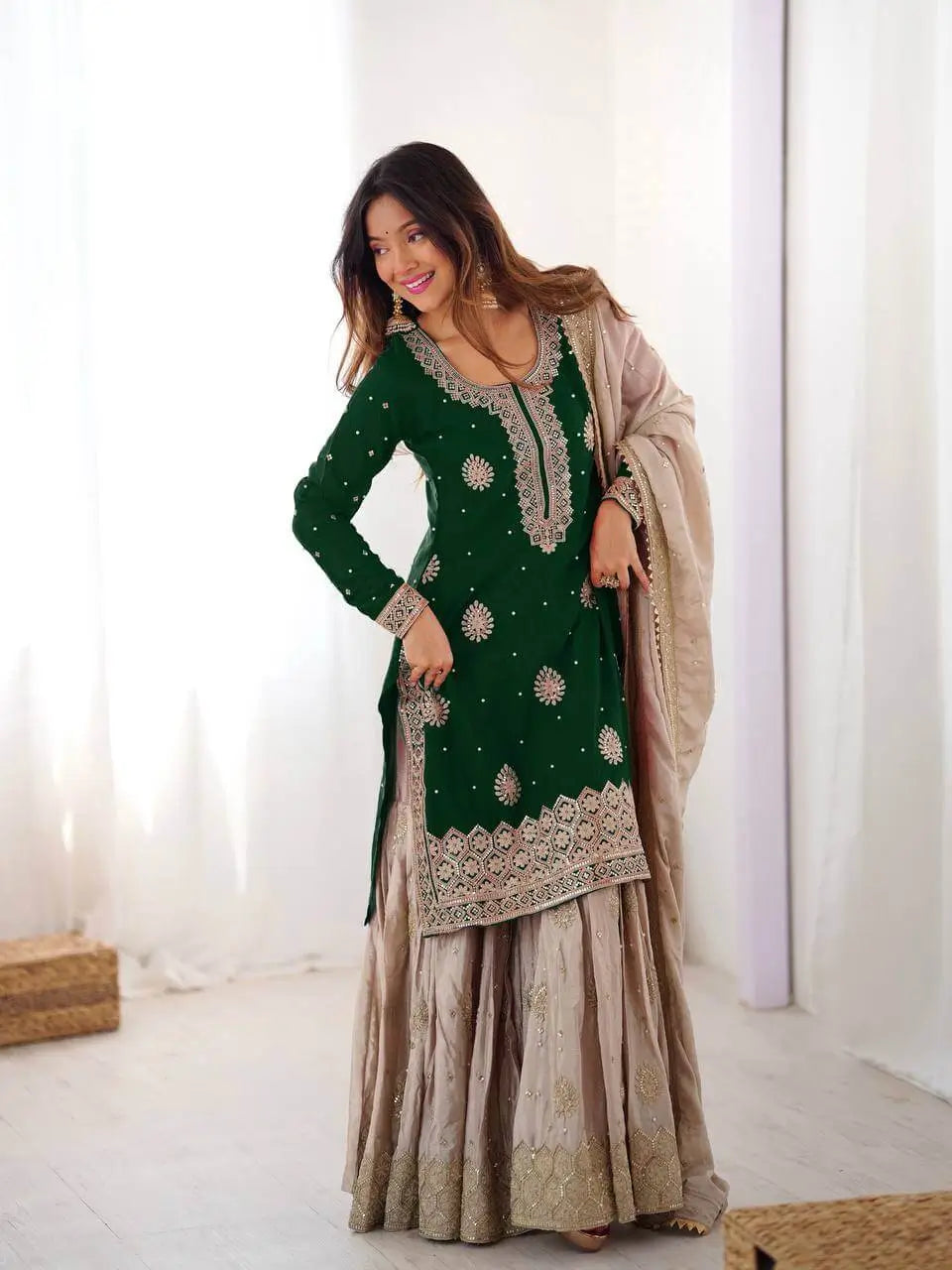Bottle Green Chinon Silk Sharara Set