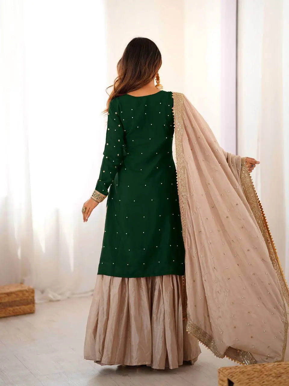 Bottle Green Chinon Silk Sharara Set