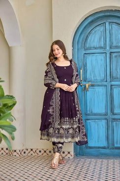 Wine Purple Embroidered Anarkali Set