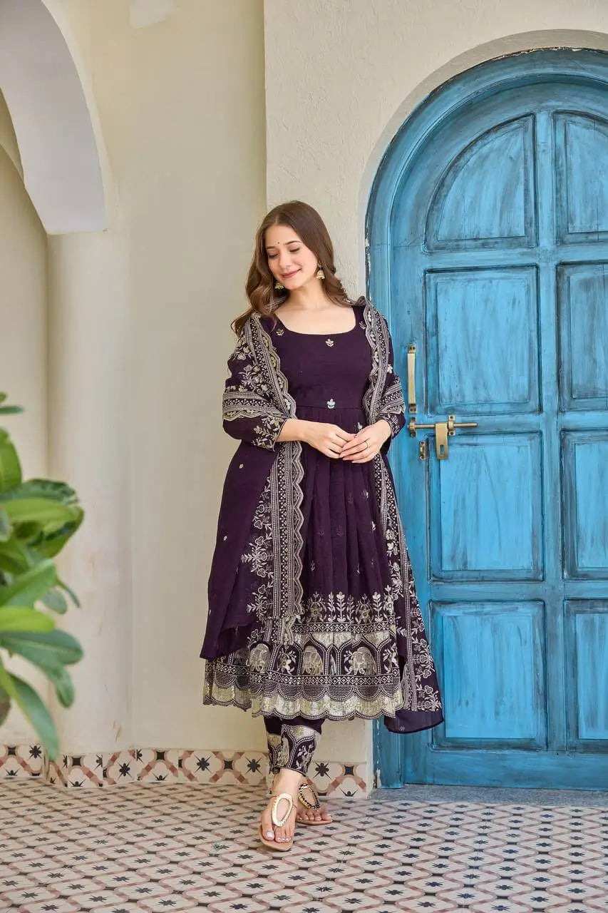 Wine Purple Embroidered Anarkali Set