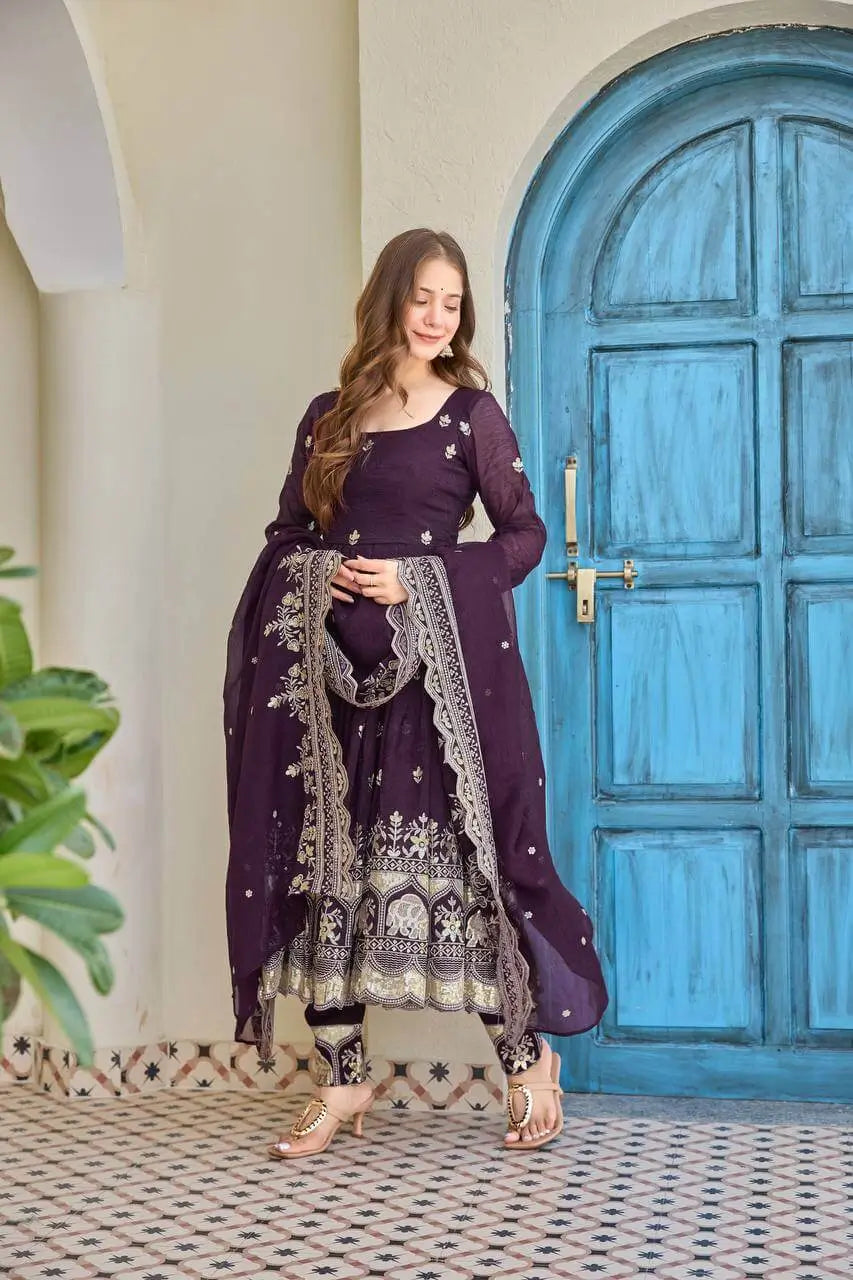 Wine Purple Embroidered Anarkali Set