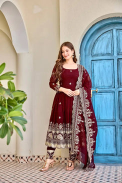 Maroon Embroidered Anarkali Set