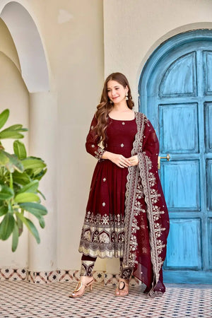 Maroon Embroidered Anarkali Set