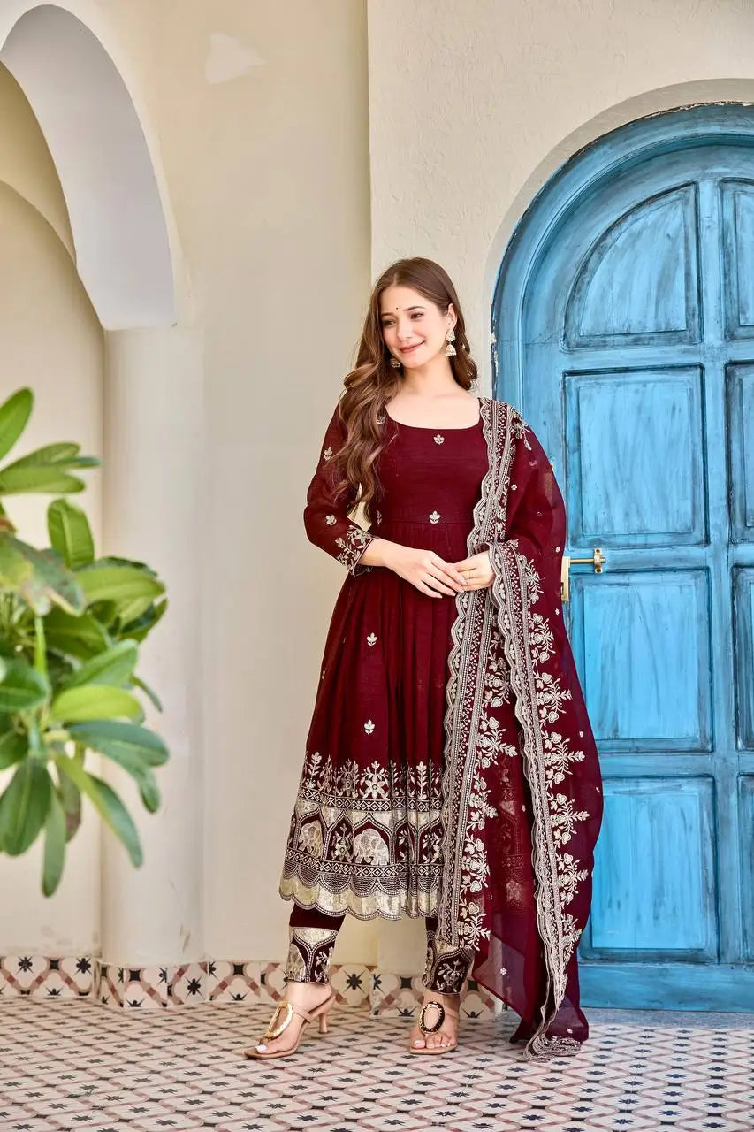 Maroon Embroidered Anarkali Set