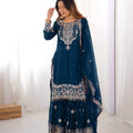Teal Blue Embroidered Sharara Set