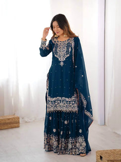 Teal Blue Embroidered Sharara Set