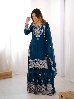 Teal Blue Embroidered Sharara Set