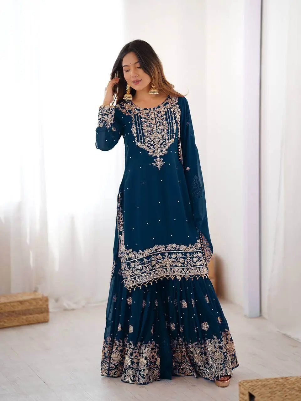 Teal Blue Embroidered Sharara Set
