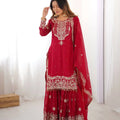 Red Embroidered Sharara Set