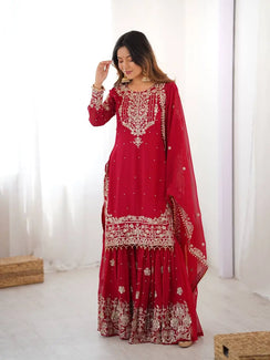 Red Embroidered Sharara Set