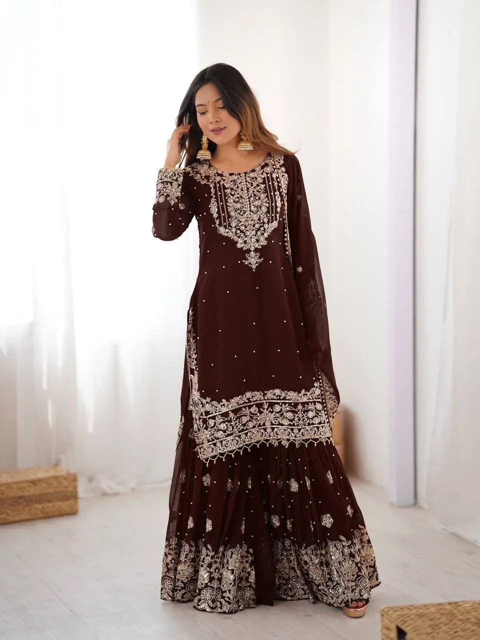 Brown Embroidered Sharara Set