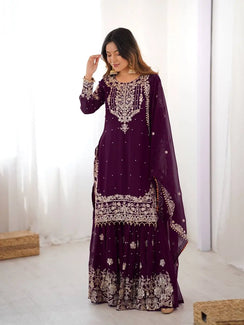 Plum Embroidered Sharara Set