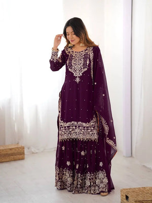 Plum Embroidered Sharara Set