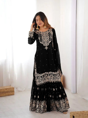 Black Embroidered Sharara Set