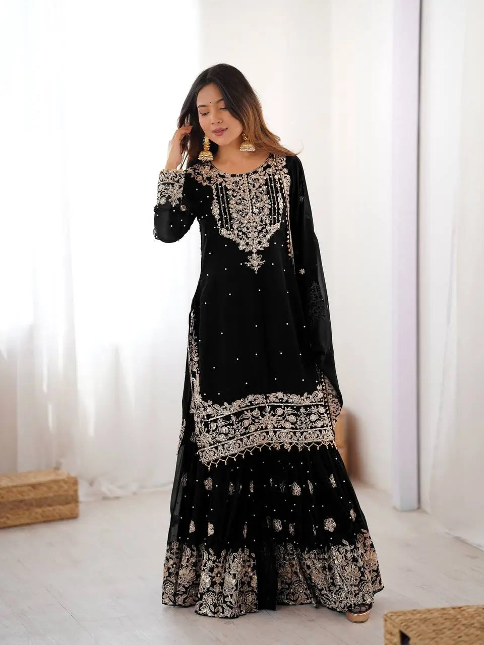 Black Embroidered Sharara Set