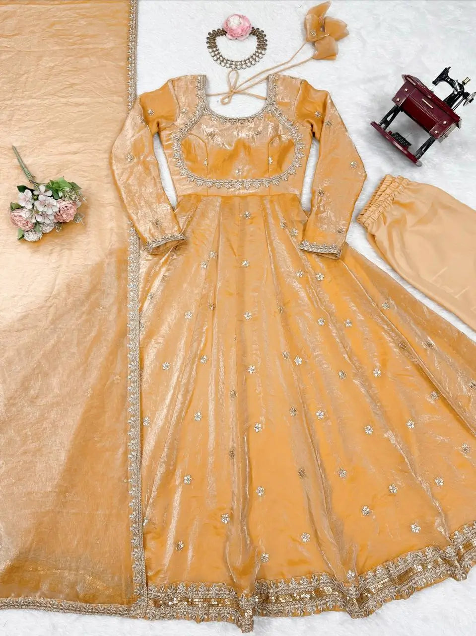 Mustard Yellow Embroidered Silk Gown Set
