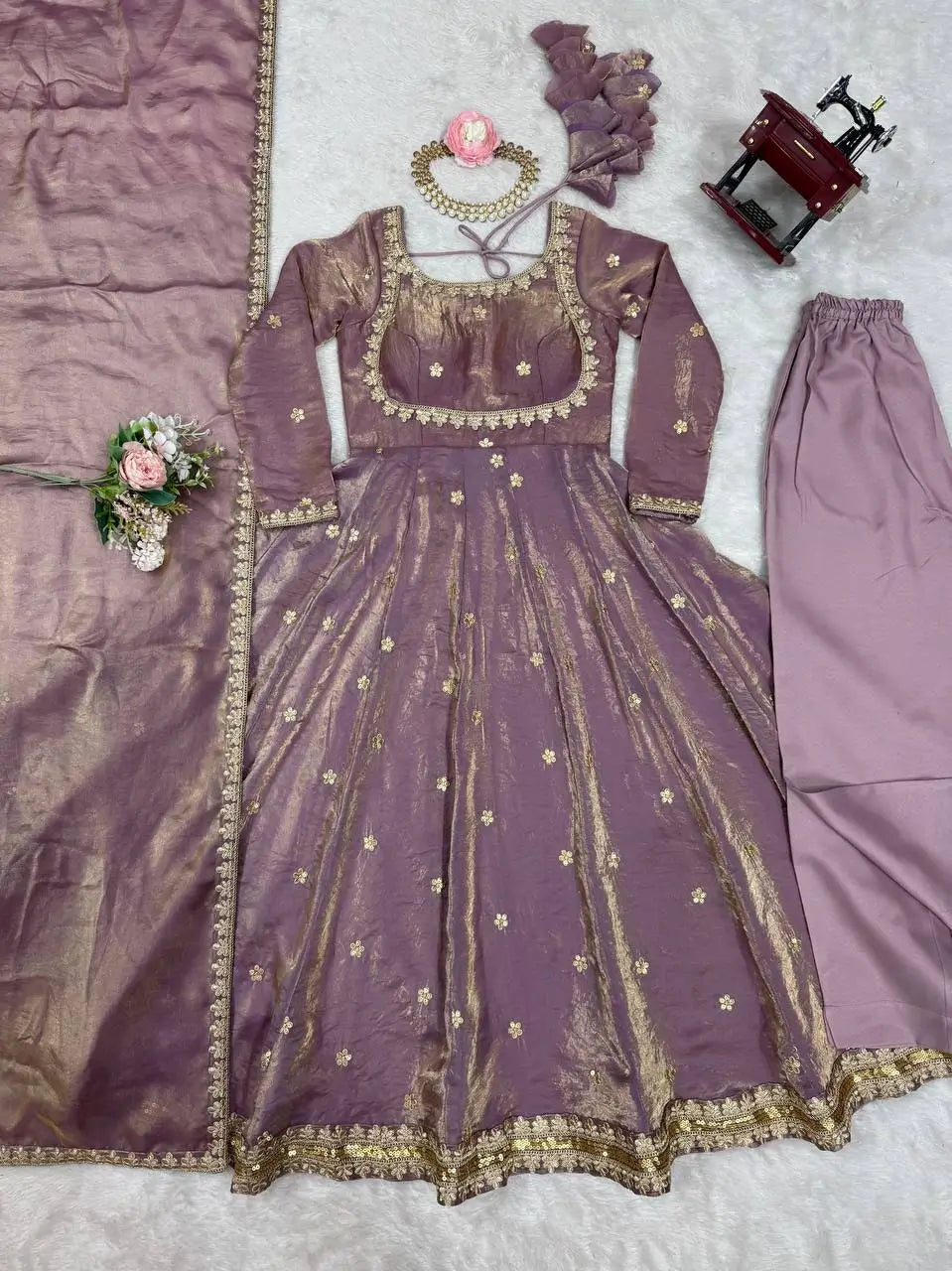 Mauve Pink Embroidered Silk Gown Set