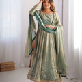 Sage Green Embroidered Silk Gown Set