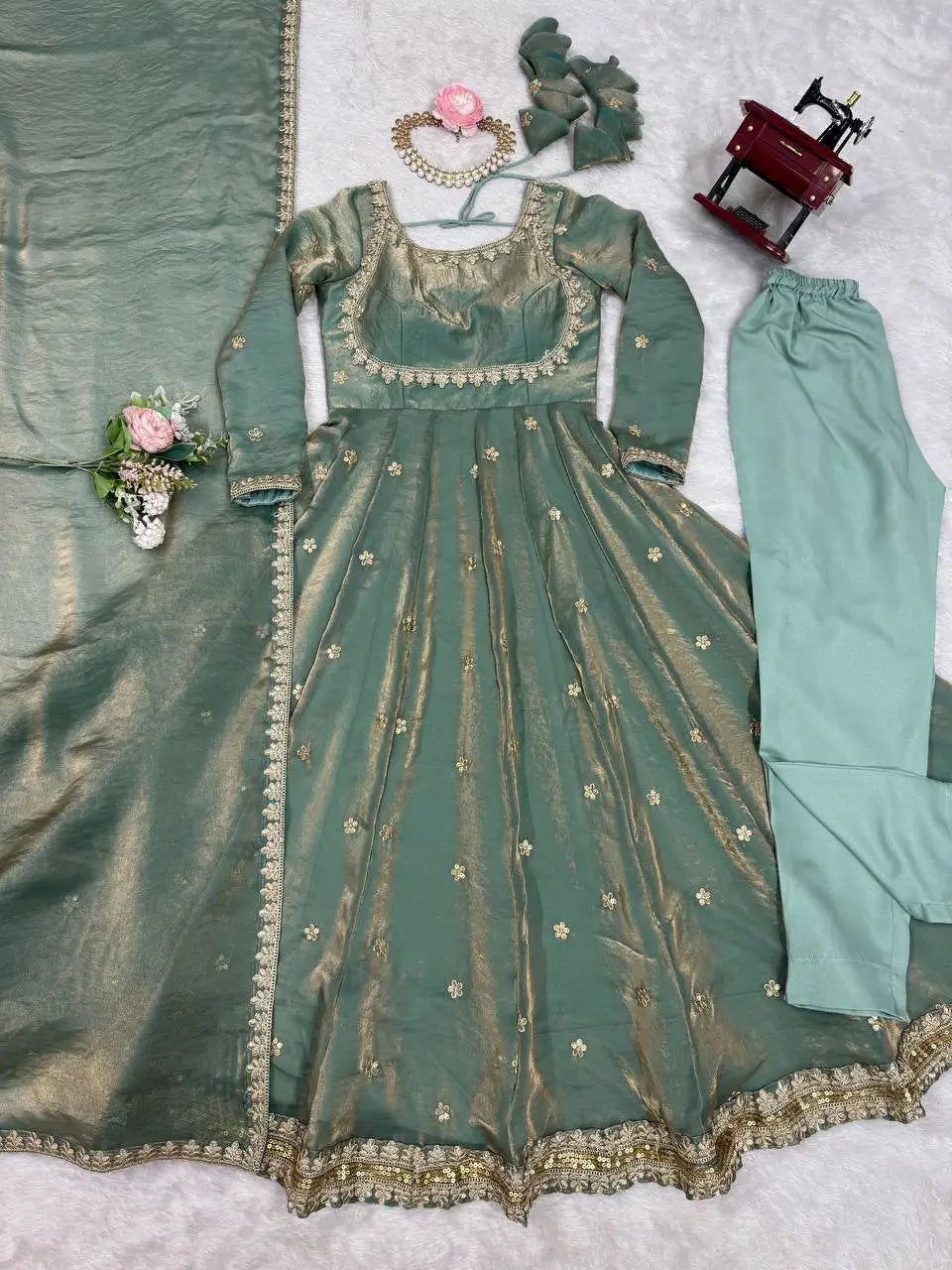 Sage Green Embroidered Silk Gown Set