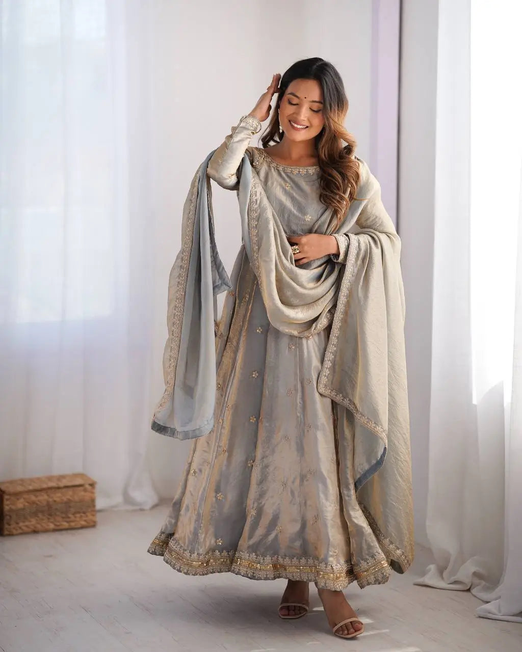 Silver Grey Embroidered Silk Gown Set