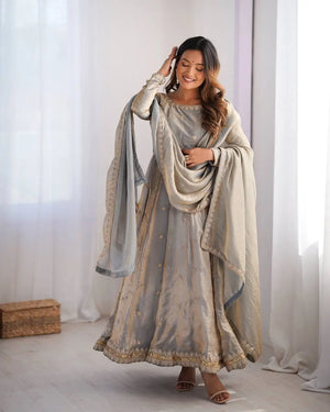 Silver Grey Embroidered Silk Gown Set